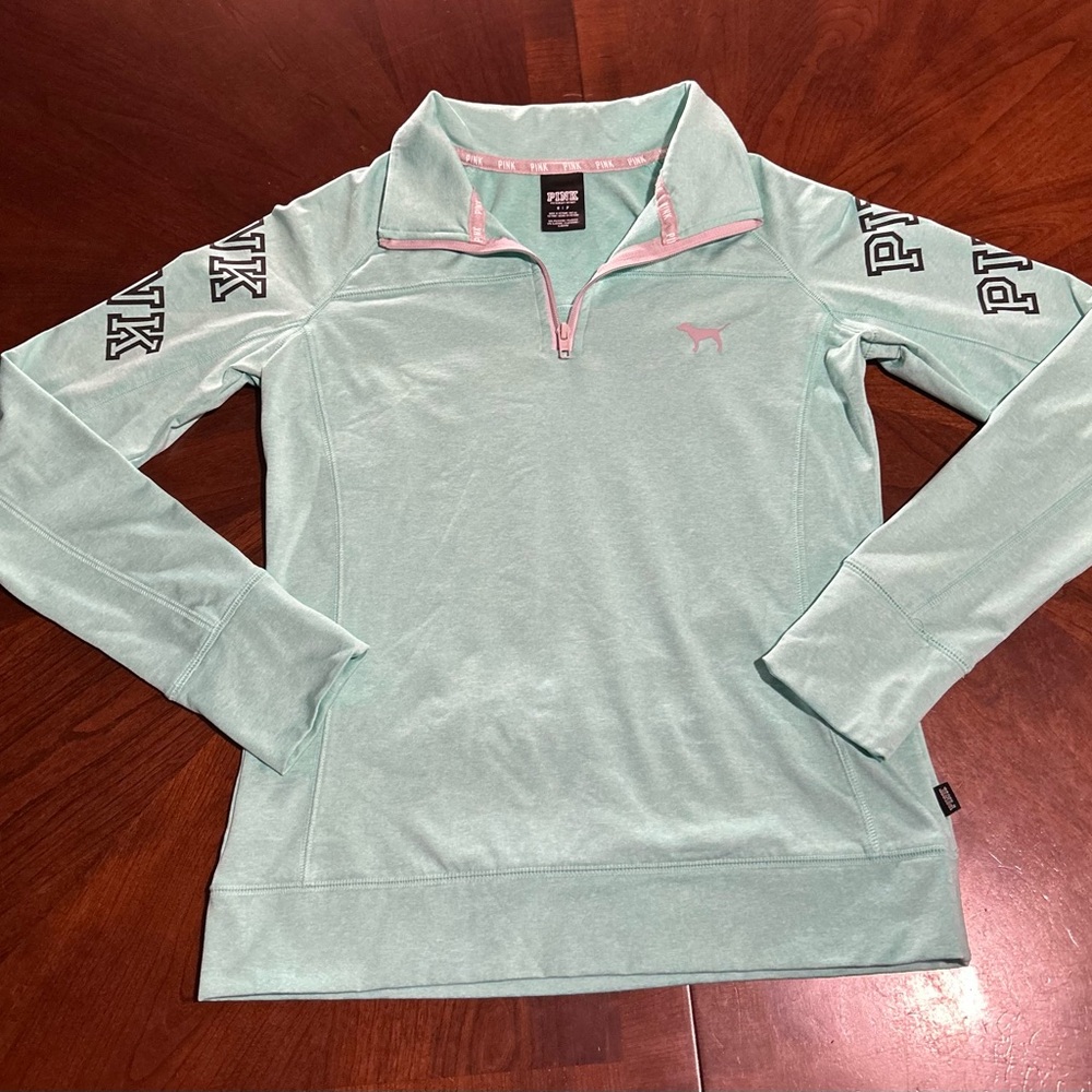 PINK Victoria's Secret Mint Green Quarter-Zip Pullover with Pink Accents
